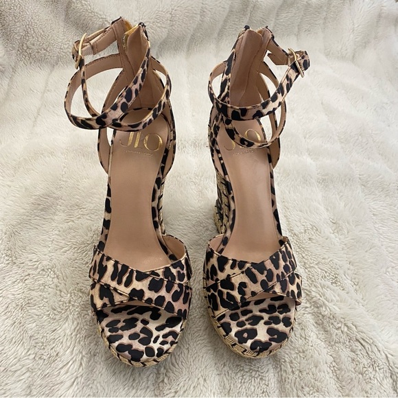 Jennifer Lopez JLo Leopard Print Tan Black Wedge Sandals Ankle Strap Size 7.5 - Picture 3 of 16